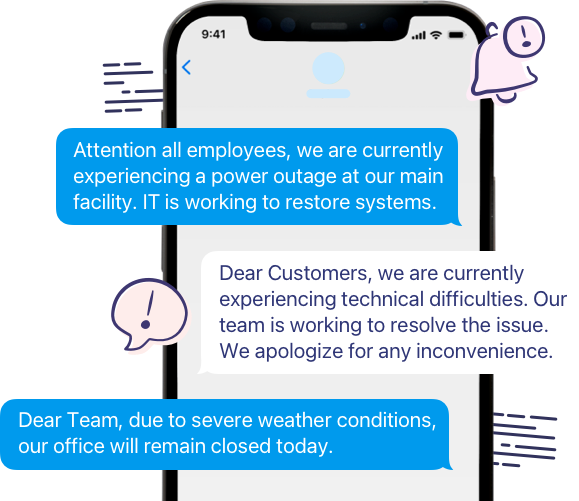Business continuity planning SMS hero image showing examples of business continuity text messages