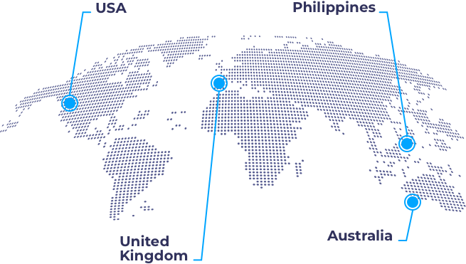Mapa del mundo señalando las oficinas en Australia, Estados Unidos, el Reino Unido y Filipinas.