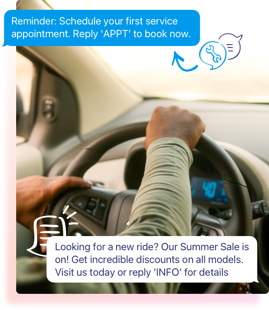 Customer driving a new car out of a dealership, with SMS examples for automotive businesses including a servicing appointment reminder and car marketing offer.