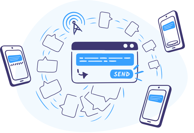 Online SMS gateway graphic showing messages being sent from a web browser, via a gateway to cell phone handsets.