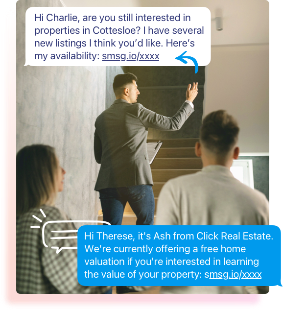 Real estate agent at a home viewing with examples of real estate SMS on SMS bubbles