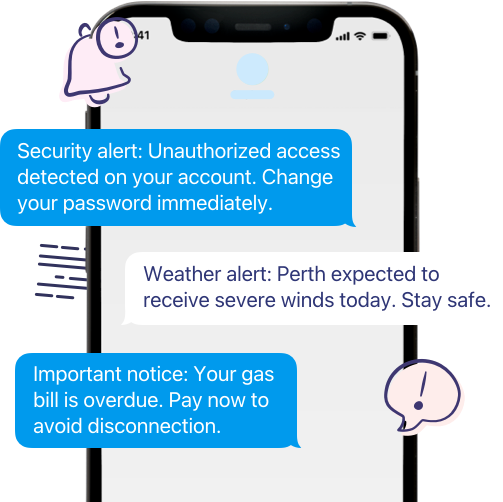 Alerts and notifications header with SMS alerts for security, weather and overdue bills on a mobile handset