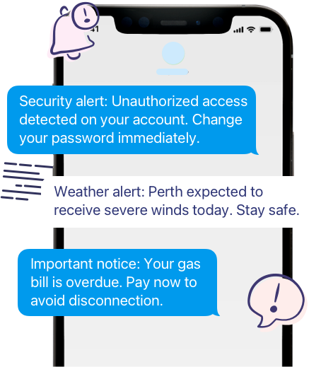 Alerts and notifications header with SMS alerts for security, weather and overdue bills on a mobile handset