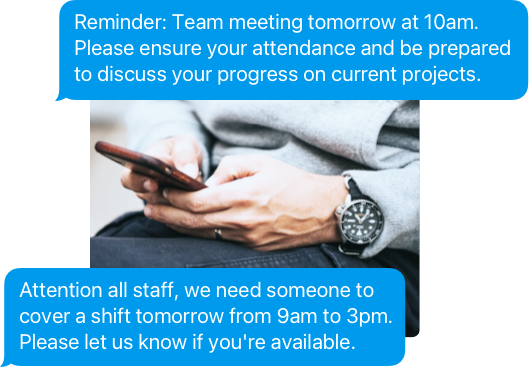 Pair of hands sending text notifications on a mobile, with two SMS alert examples for teams