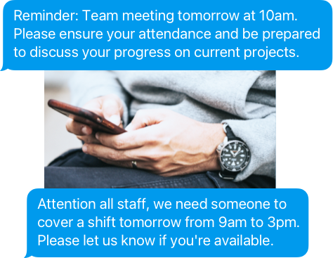 Pair of hands sending text notifications on a mobile, with two SMS alert examples for teams