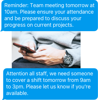 Pair of hands sending text notifications on a mobile, with two SMS alert examples for teams
