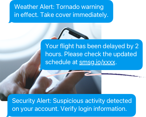 Hands texting on a mobile with three SMS alert examples