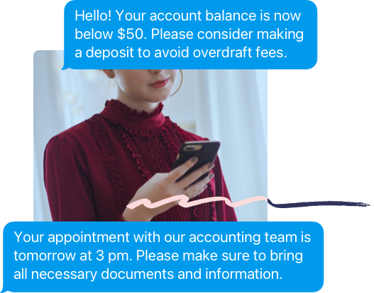 Lady holding mobile phone with two text message notification examples