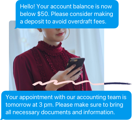 Lady holding mobile phone with two text message notification examples
