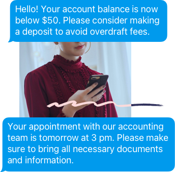 Lady holding mobile phone with two text message notification examples