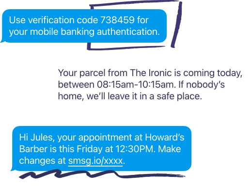 Three examples of customer SMS notifications showing different use cases