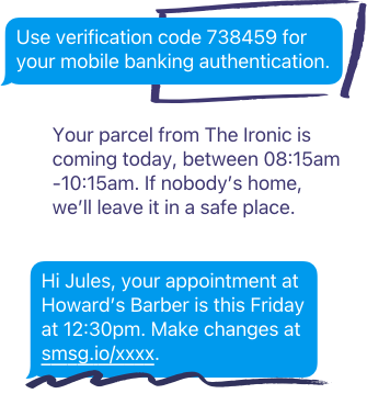 Three examples of customer SMS notifications showing different use cases