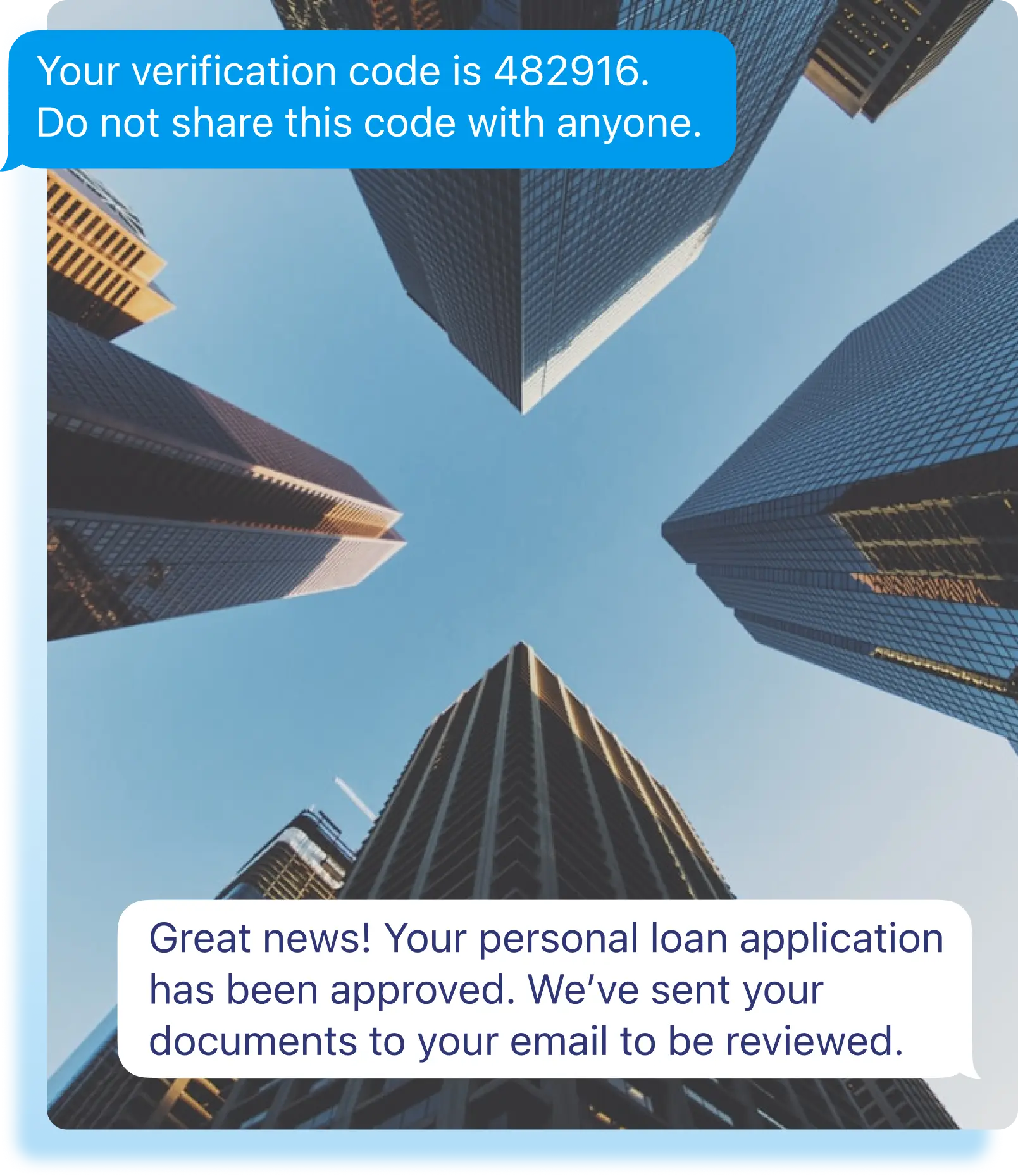 SMS for finance hero image showing examples of text messages used in finance including for account verification and loan approval alerts, on a background of skyscrapers